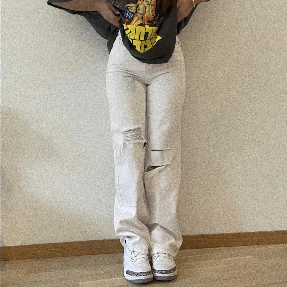 White High Waisted Distressed Wide Leg Jeans